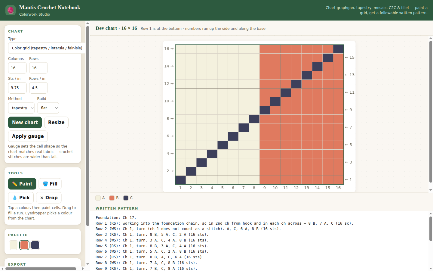 Mantis Colorwork Studio: a tapestry color chart with a generated row-by-row written pattern