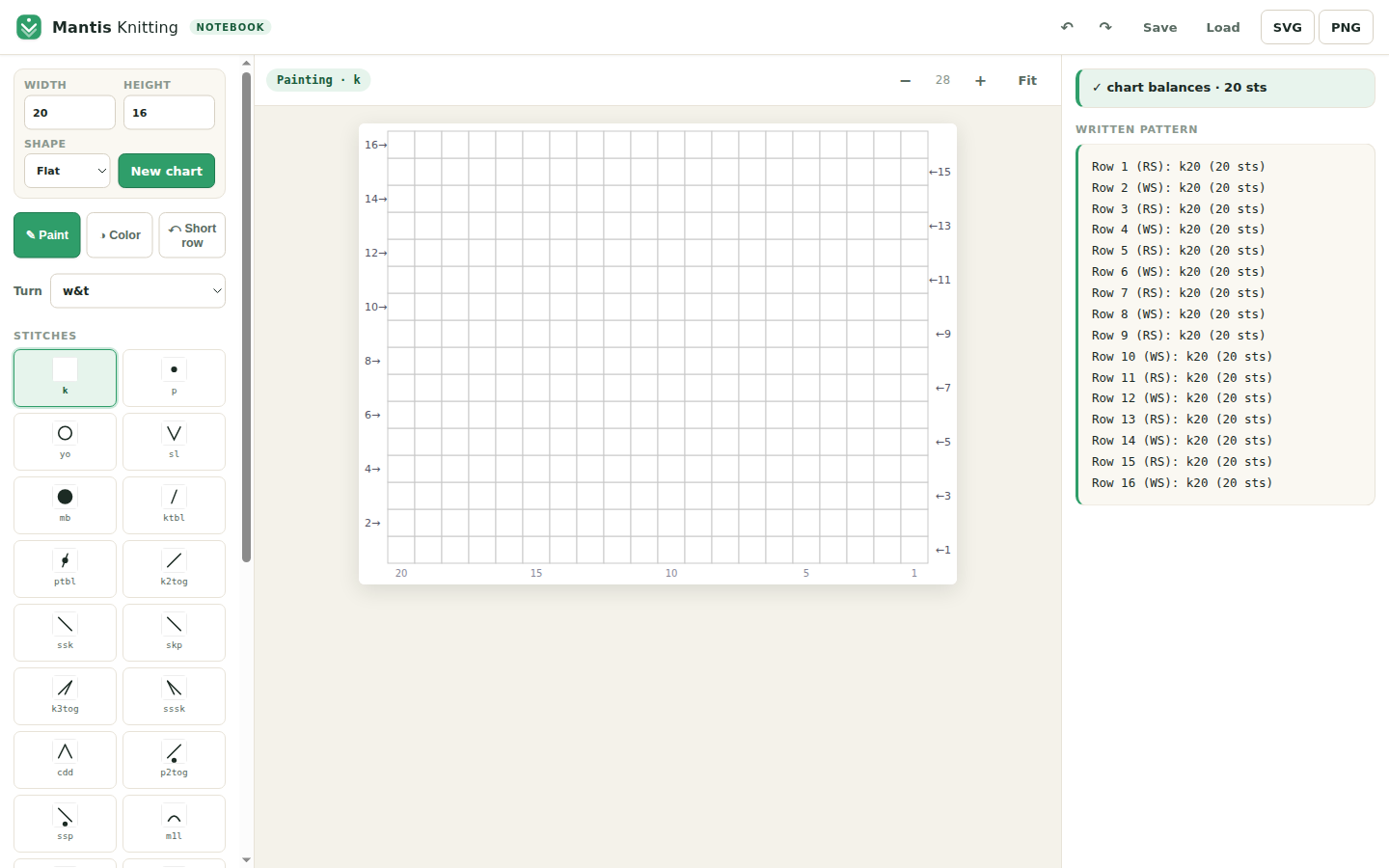 Mantis Knitting Notebook: a knit chart editor with cables and a generated written pattern