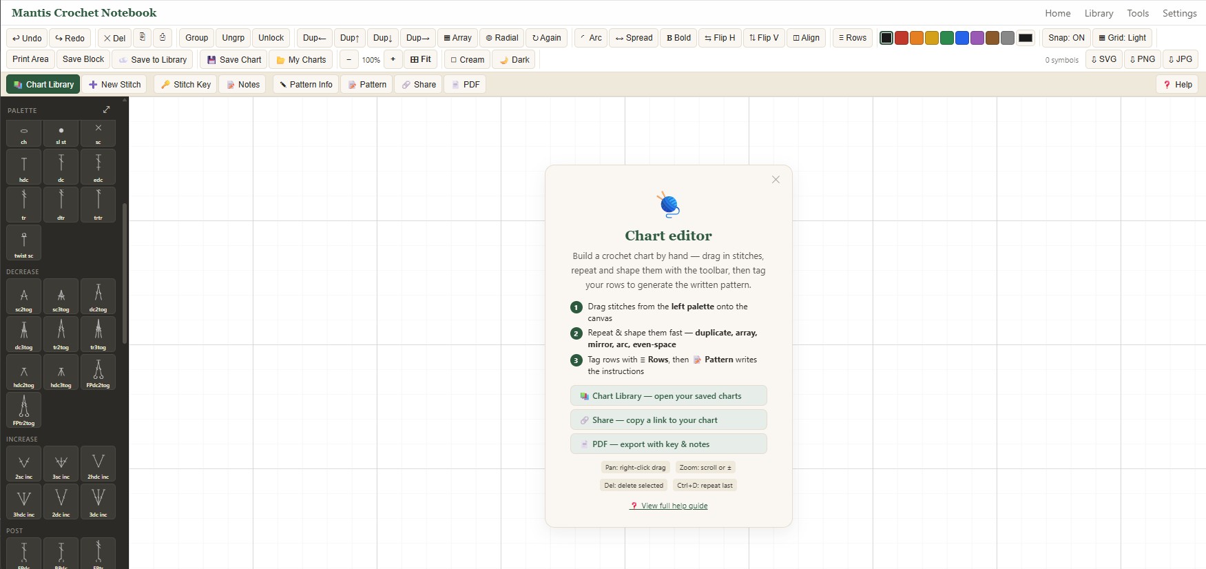 The Mantis chart editor with its full crochet-symbol palette, toolbar, and onboarding guide