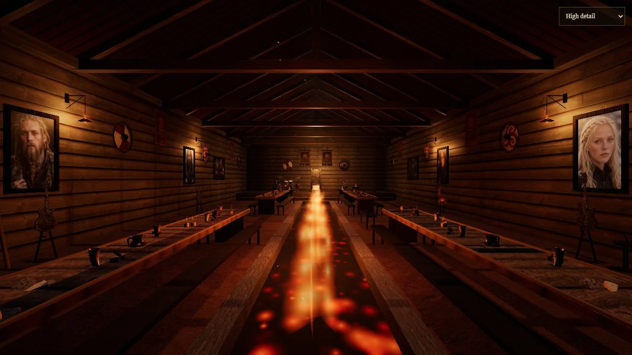 Huginn Horde’s firelit Viking longhall, with band portraits, dressed feast tables, and a glowing central aisle
