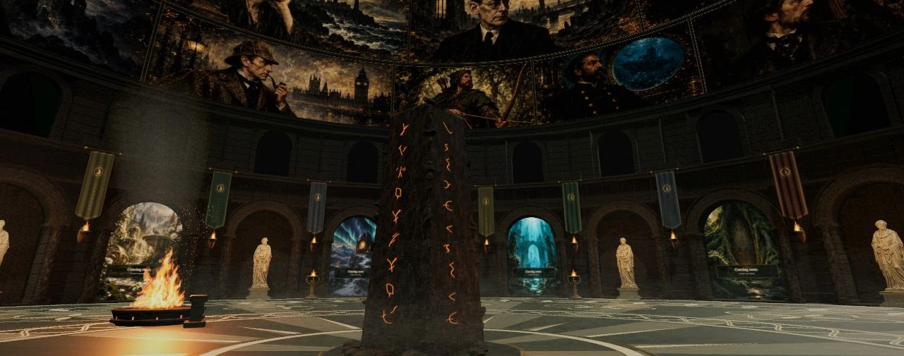 Nyreld’s current hall, with painted dome, classical statues, glowing stele, and firelit portals