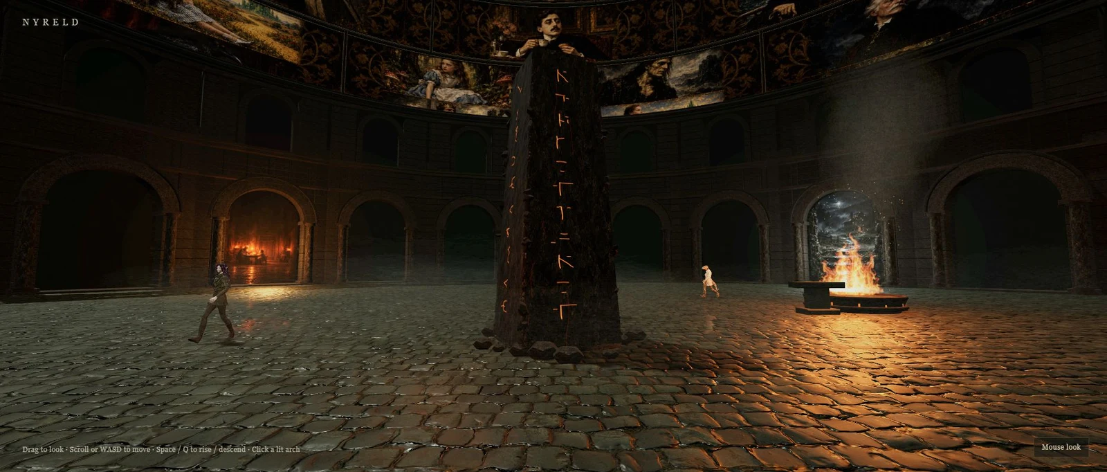 Nyreld’s walkable hall, painted dome, central stele, and firelit portals